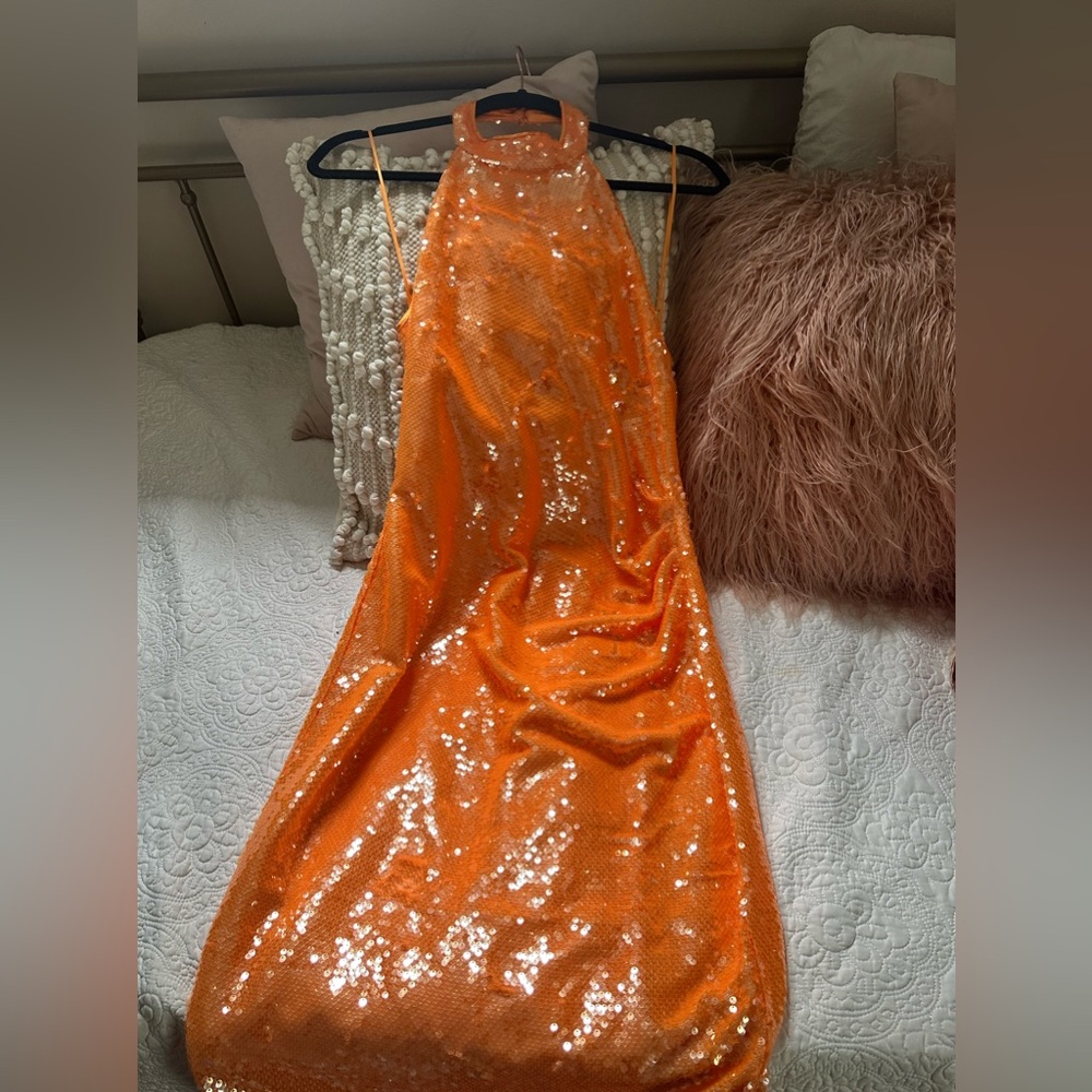 Caroline Costas - NWT Orange Halter Sequin Dress Size S